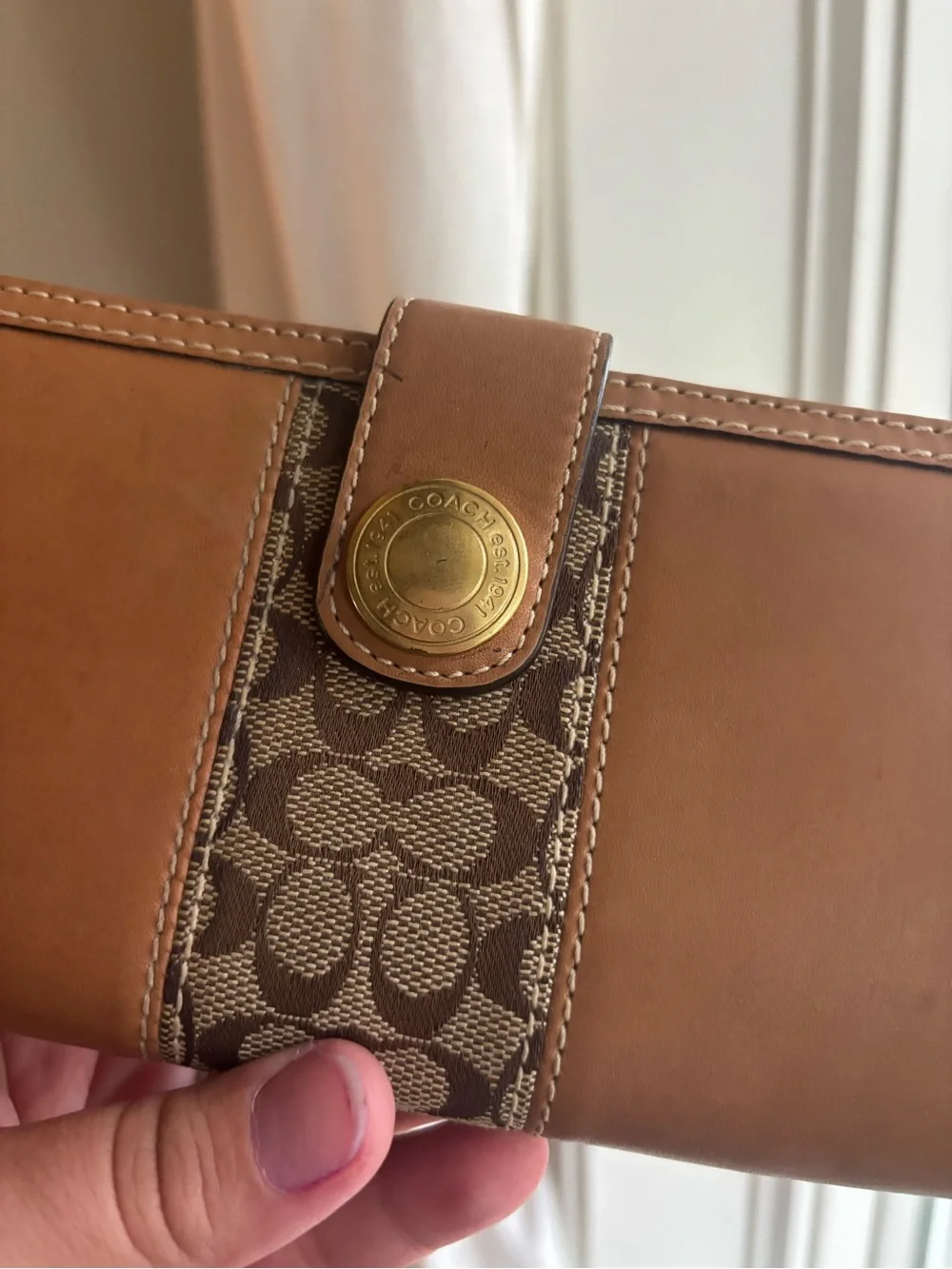 Coach Signature C Stripe Bifold Wallet Tan Leather & Brown Canvas Check Wallet
